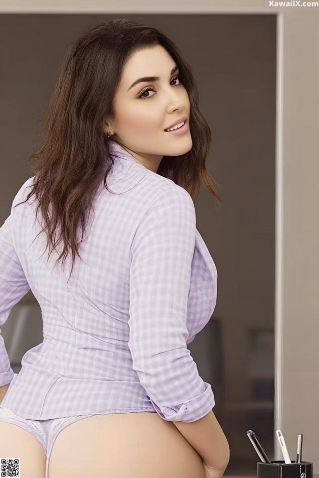 A woman in a purple shirt and white panties posing for a picture.