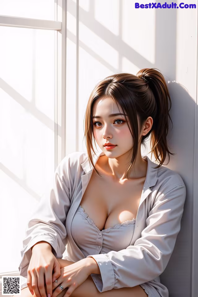 A woman sitting on a window sill next to a window.