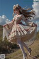 A woman in a dress is walking down a dirt road.