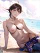 A naked anime girl sitting on a beach next to the ocean.